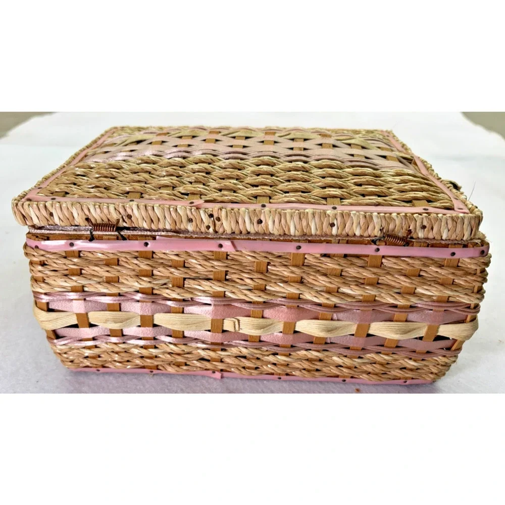 Woven Vanity Jewelry Box Pink Trim Satin Lined Hinged Basket Vintage Storage
